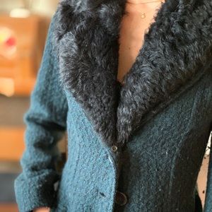 Long wool coat fur collar teal